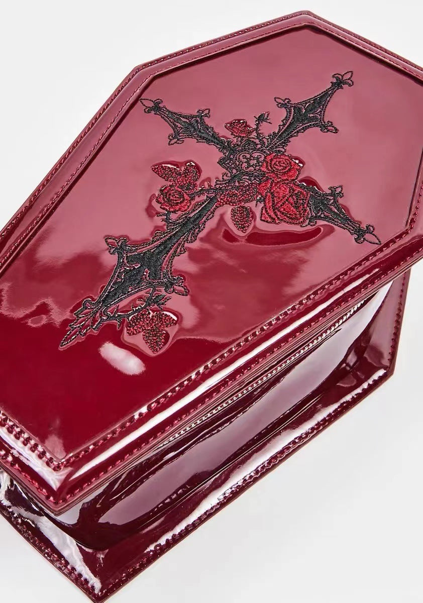 Women's Patent Leather Embroidered Coffin Red Punk Cosmetic Bags