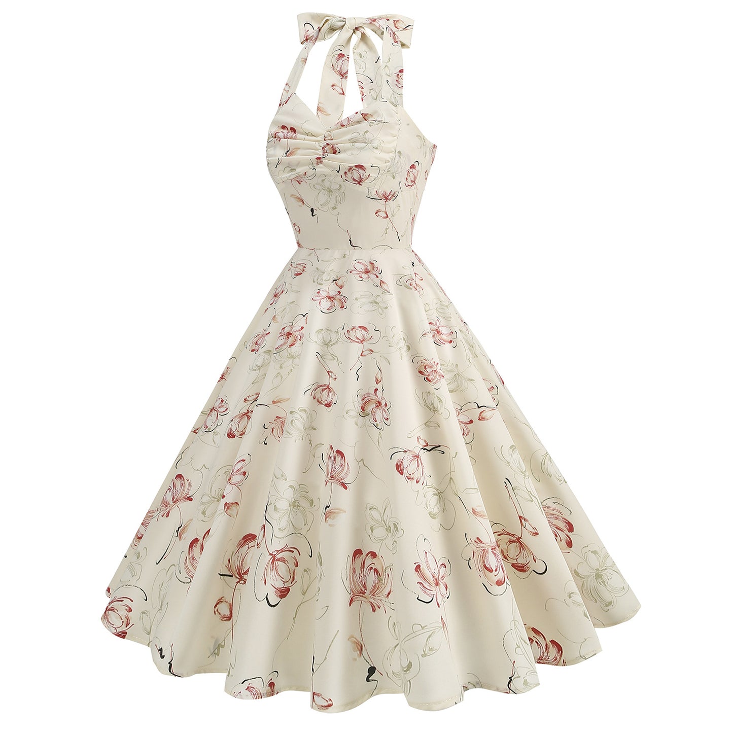 Women's Hepburn Style Abstract Rose Print Backless Dresses