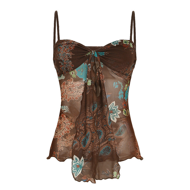 Printed Camisole French Pleated Lace Up Tops
