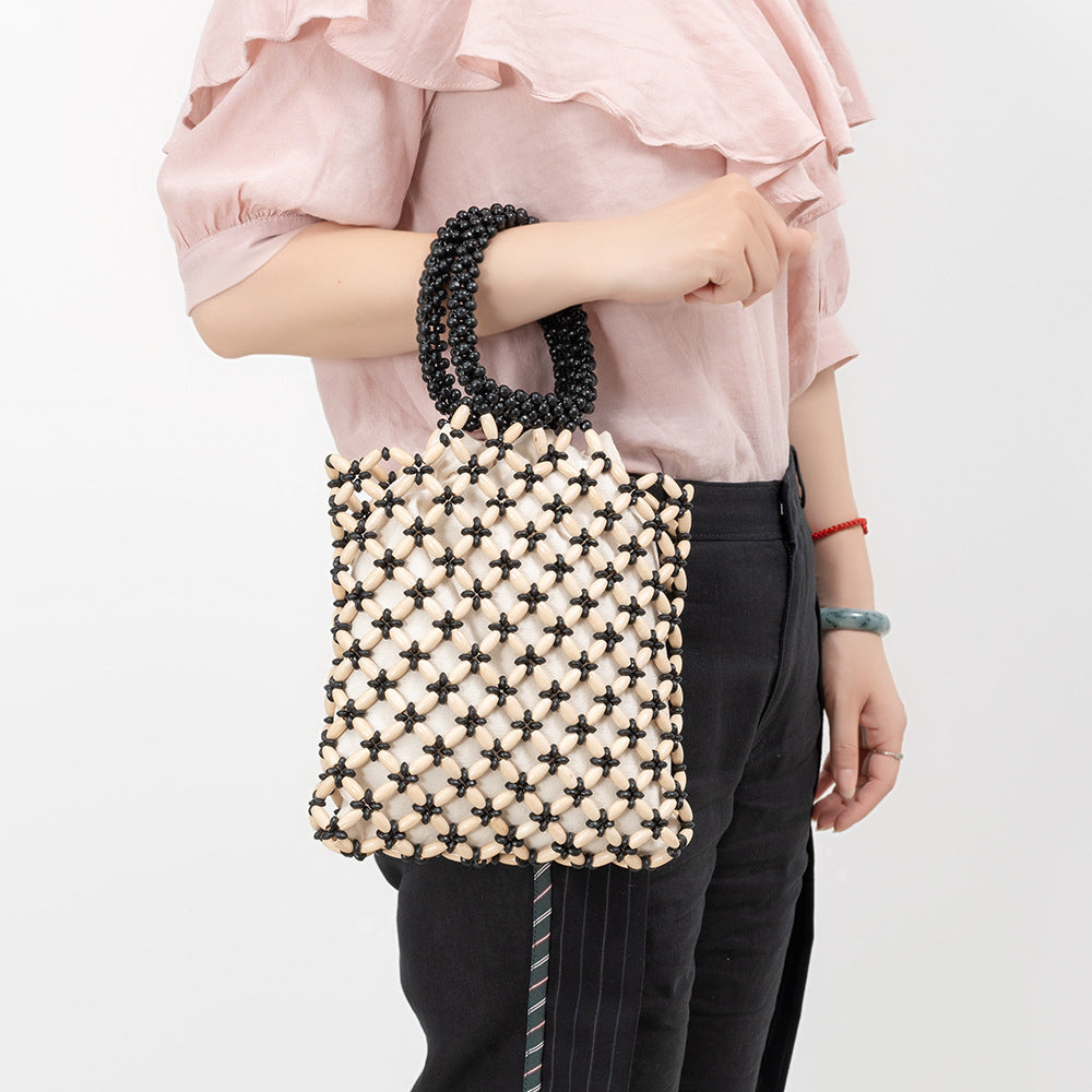 Women's Contrast Color Woven Commute Wooden Bead Shoulder Bags