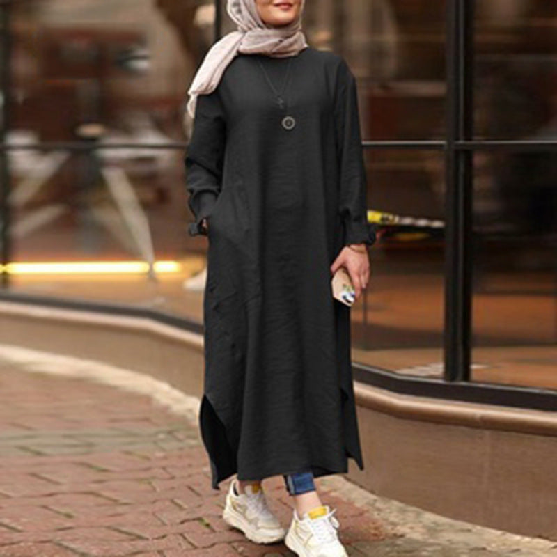 Women's Muslim Wear Long Sleeve Shirt Pocket Dress Clothing
