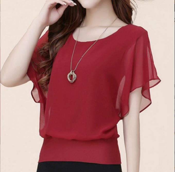 Women's Chiffon Shirt Short-sleeved Large Slimming Bat Blouses