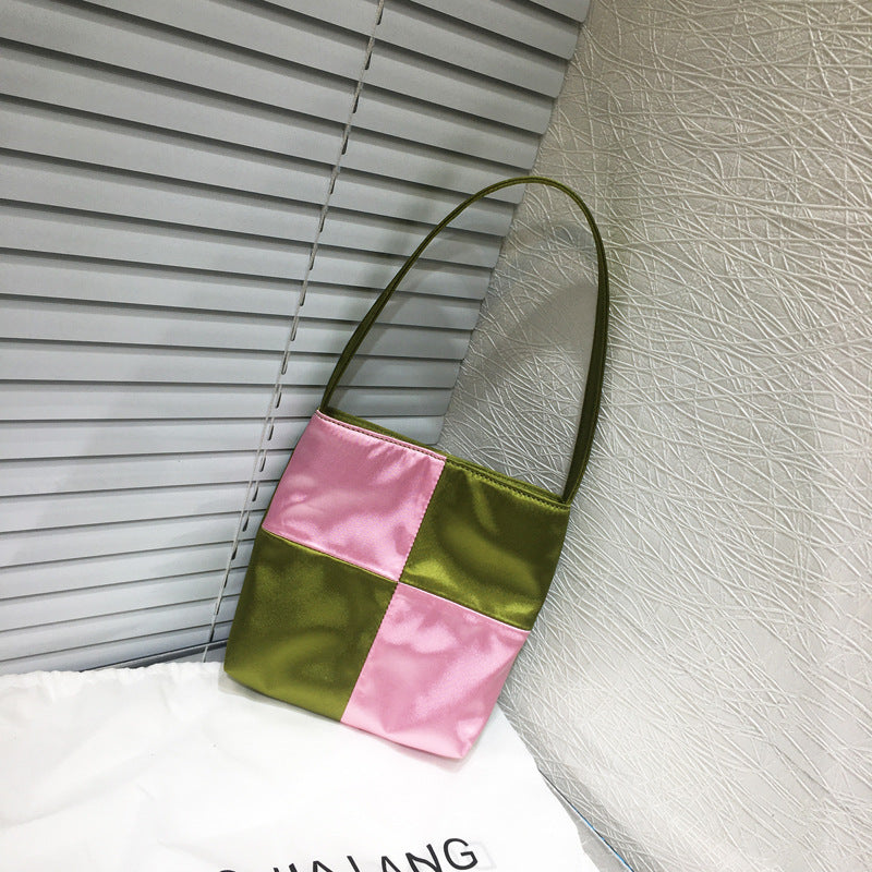Women's Satin Color Matching Chessboard Plaid Underarm Armpit Bags
