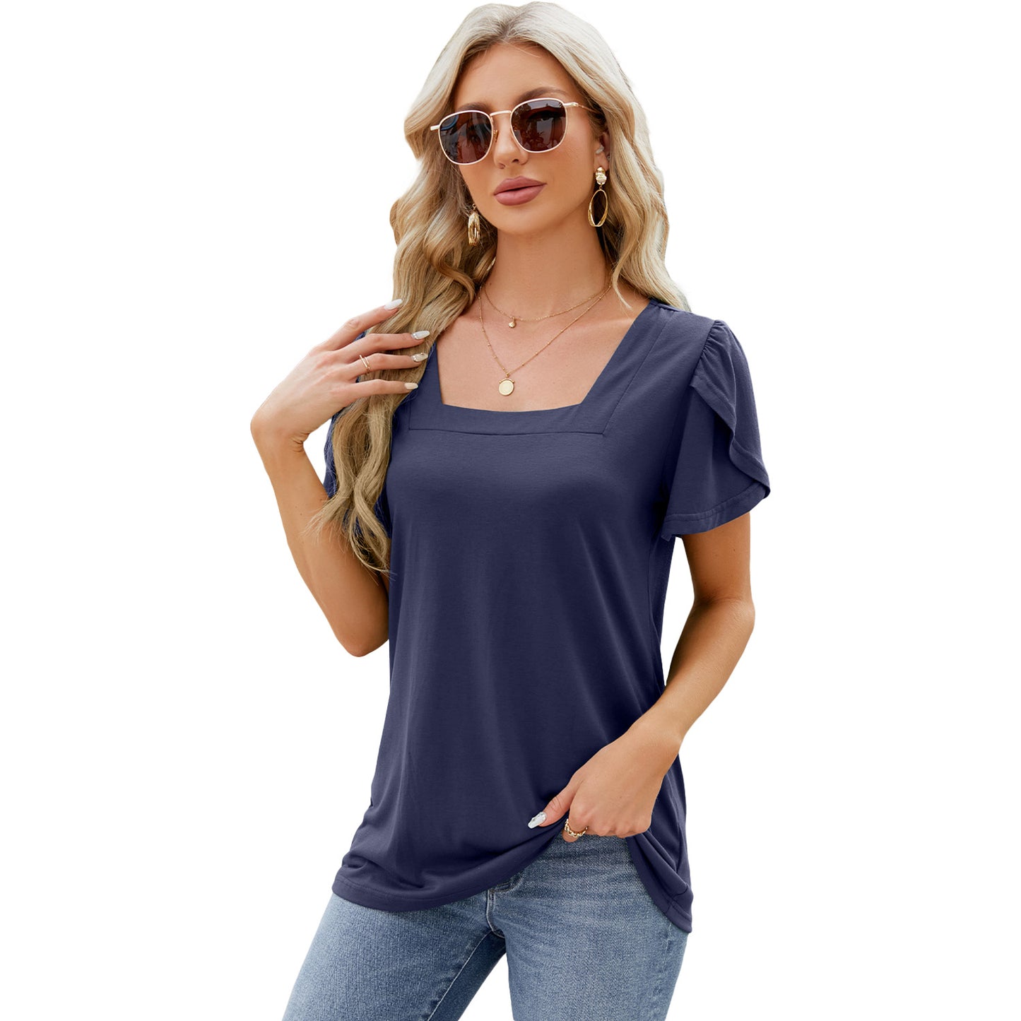 Fashion Simple Square Collar Petal Sleeve Blouses
