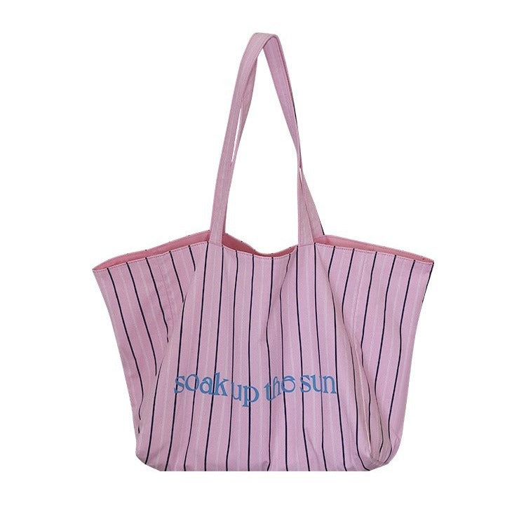 Women's Korean Fashion Striped Canvas Large Capacity Totes Shoulder Bags