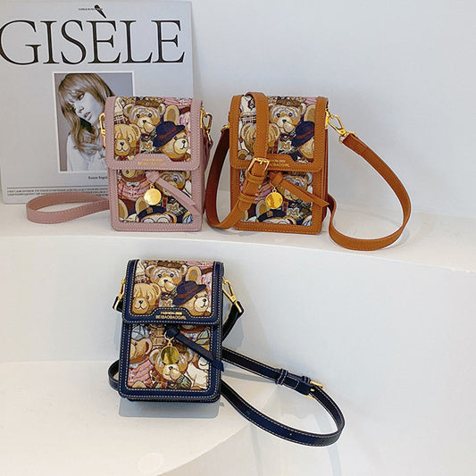 Women's Simplicity Fashion Cuteness Bear Printed Embroidered Shoulder Bags