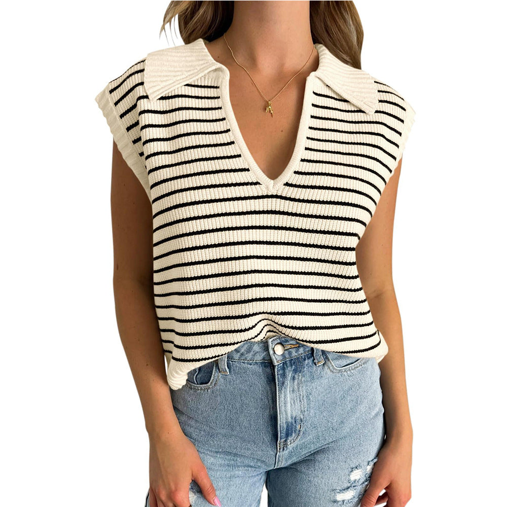 Women's Summer Knitted Casual Striped Lapel Sweaters