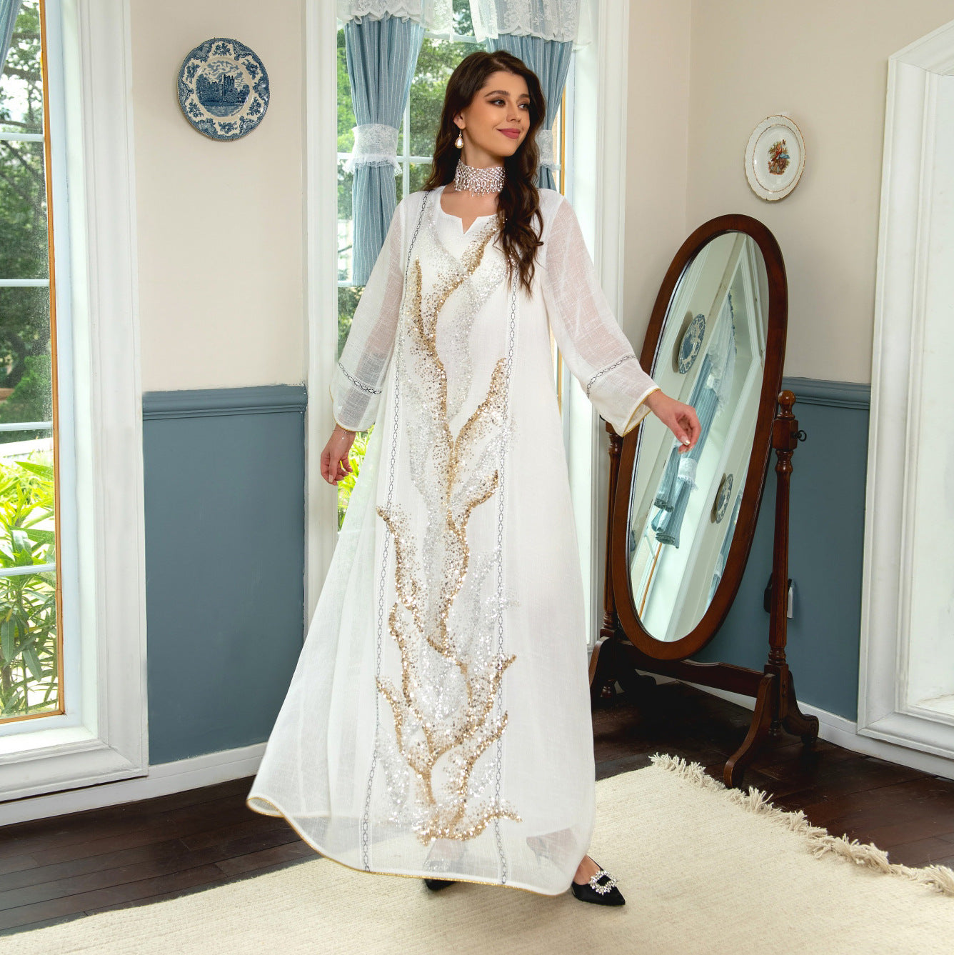 Mesh Sequin Embroider Muslim Dress Saudi Clothing