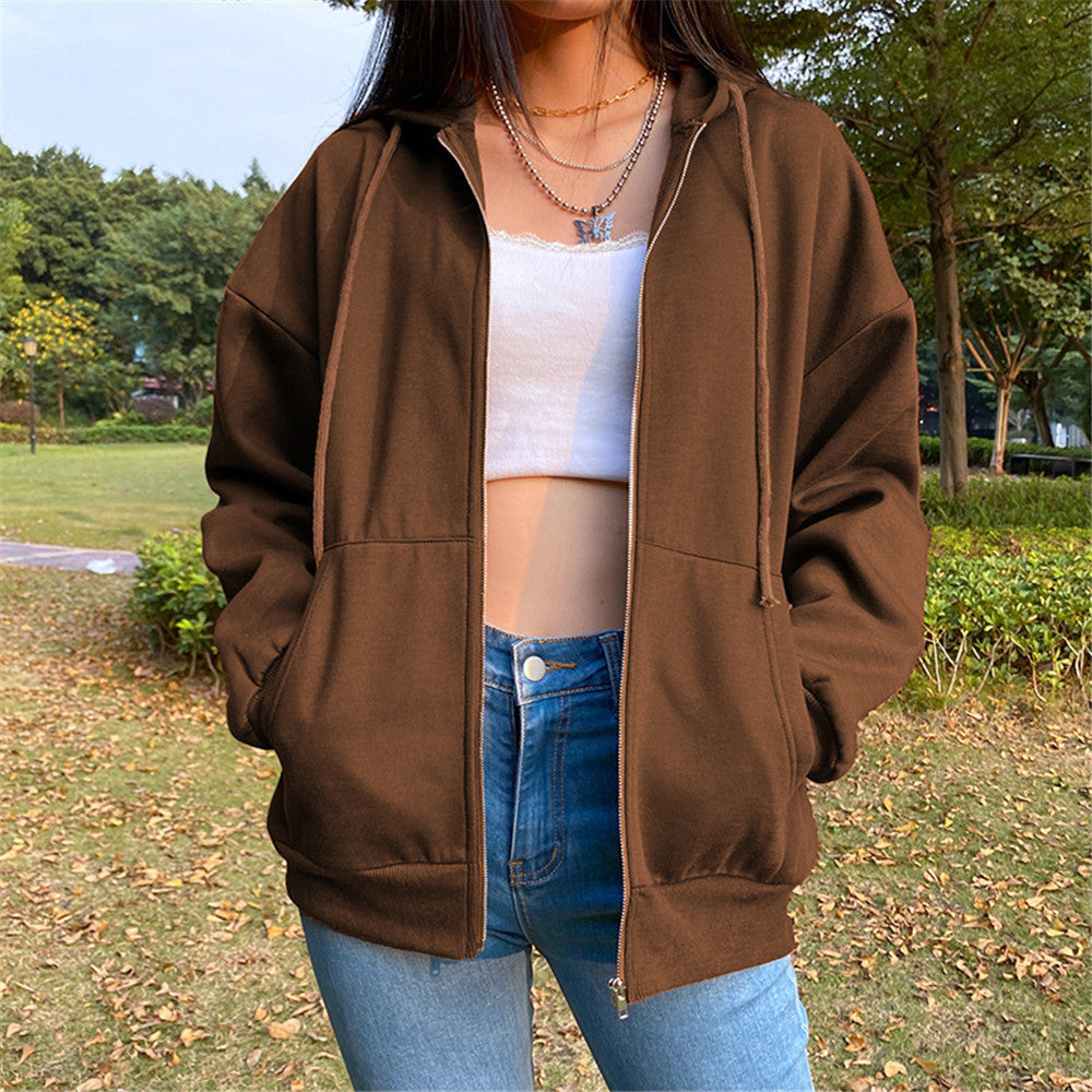 Women's Solid Color Hooded Fleece-lined Long-sleeved Loose Sweaters