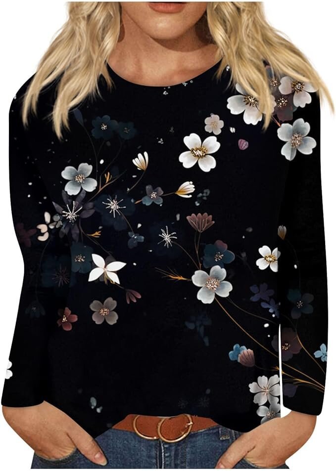 Women's Round Neck Long Sleeve Loose Print Blouses