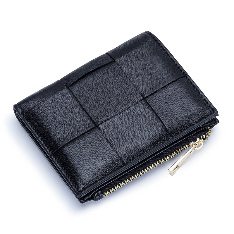 Women's Short Sheepskin Woven Fashion Folding Multifunctional Ladies Wallets