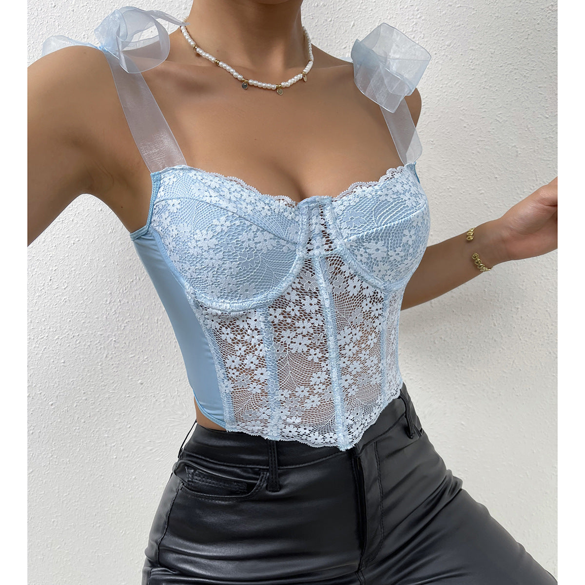 Women's Lace Floral Strap Mesh Hollow Diamond Tops