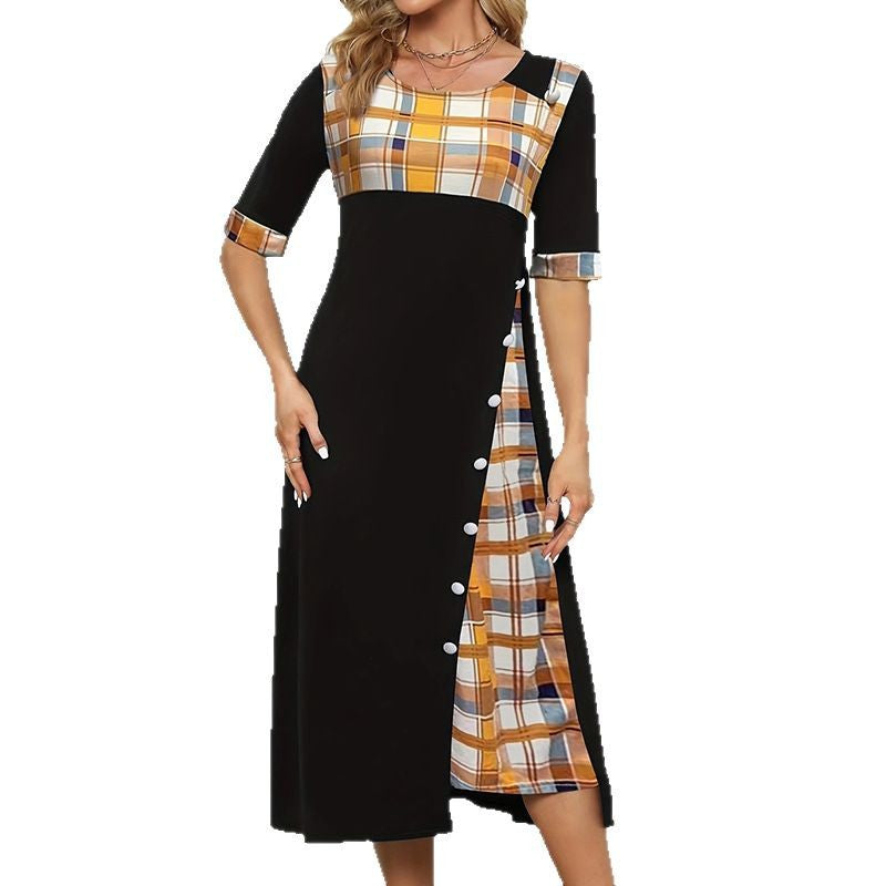 Women's Dress Round Neck Contrast Color Half Dresses