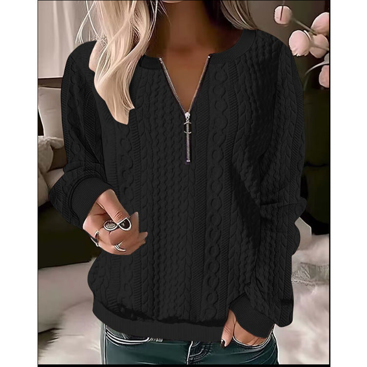 Jacquard Knitted Collar Zipper Pullover Loose-fitting Sweaters