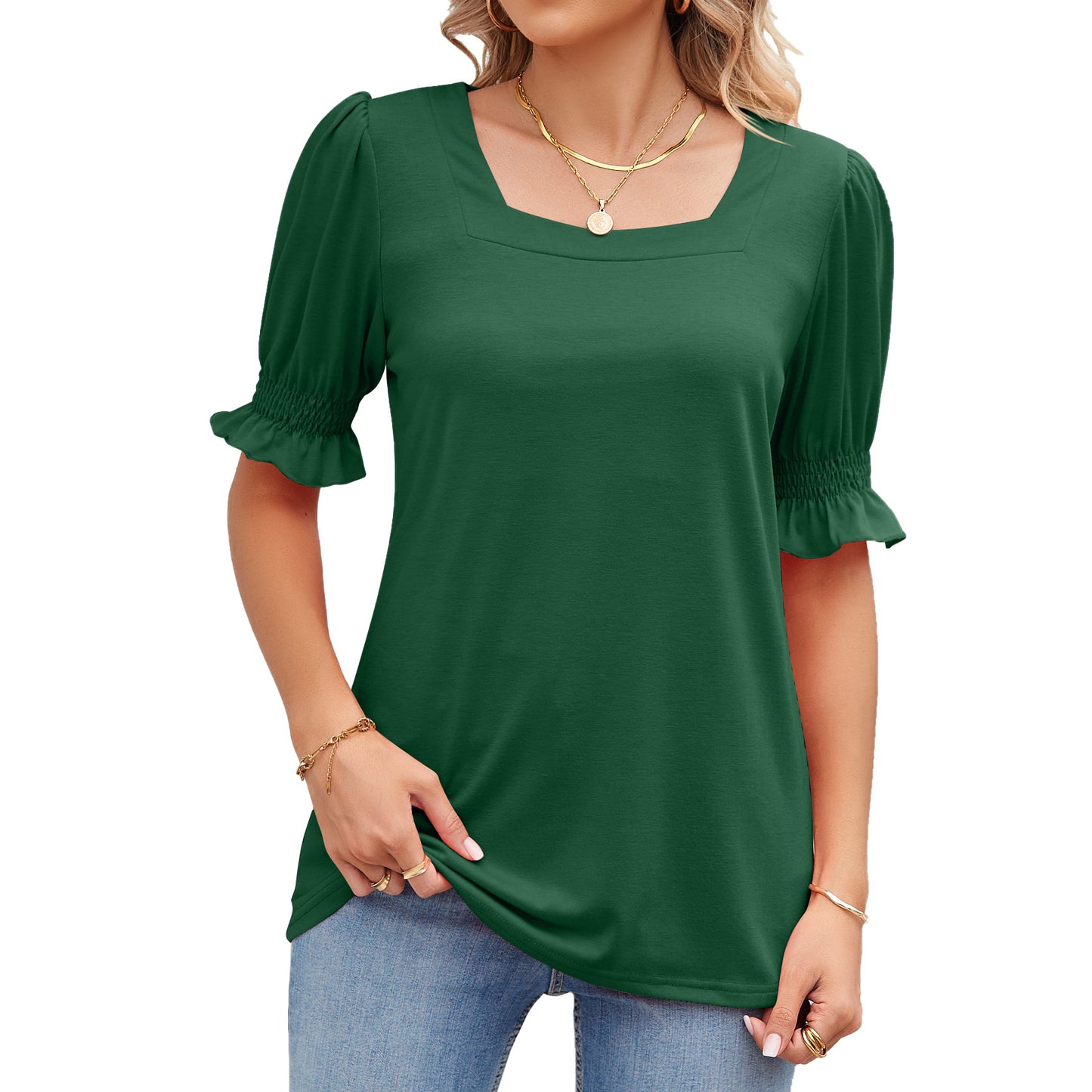 Summer Solid Color Square Collar Princess Blouses