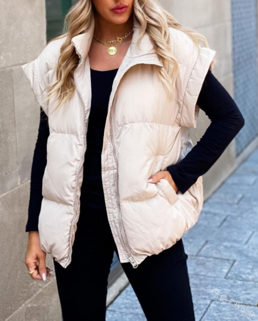Women's Solid Color Zipper Pocket Stand-up Collar Vests