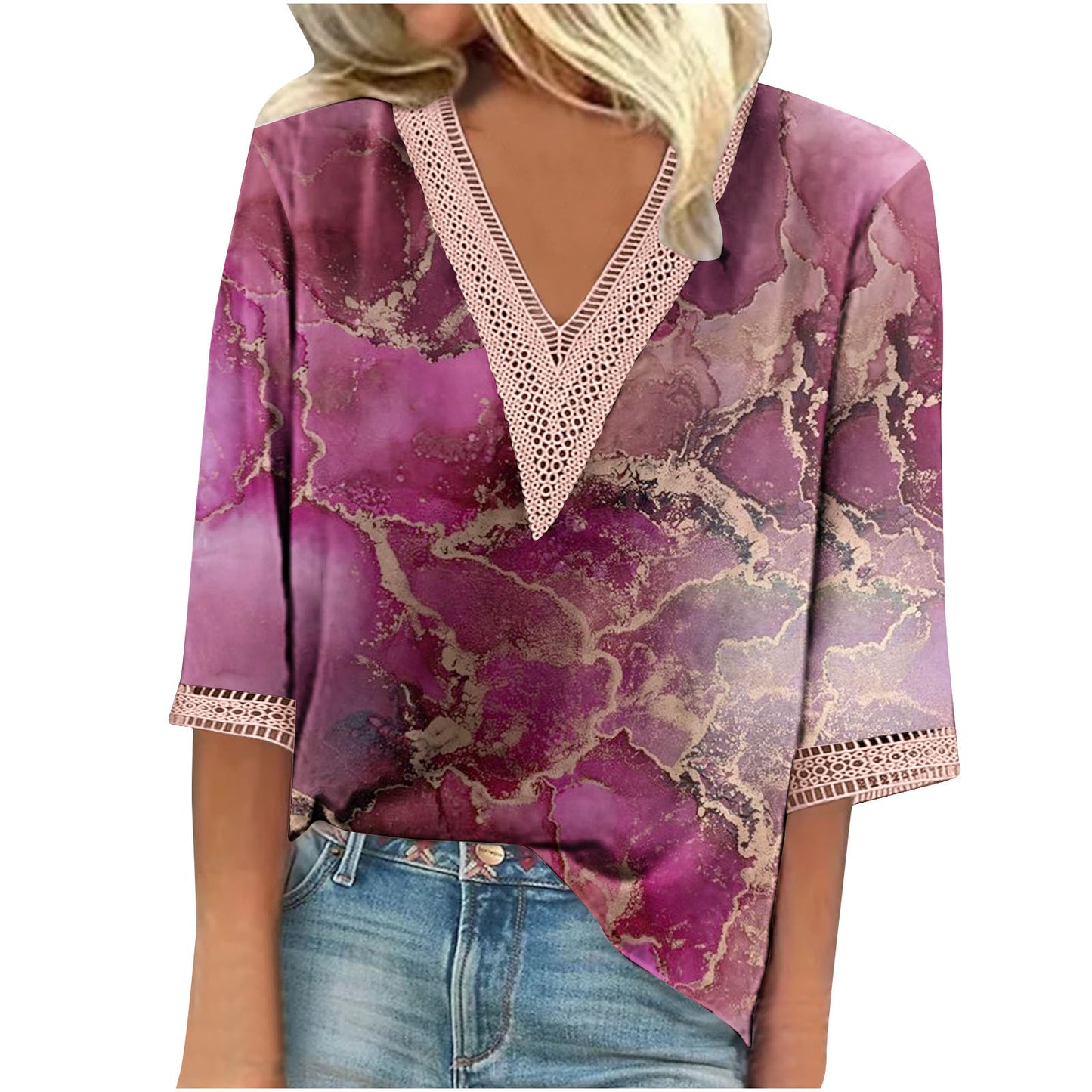 Women's Summer Printed Lace Stitching Sleeve T-shirt Blouses