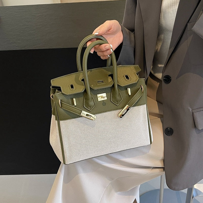 Women's Trendy Canvas Fashionable Lychee Pattern Contrast Shoulder Bags