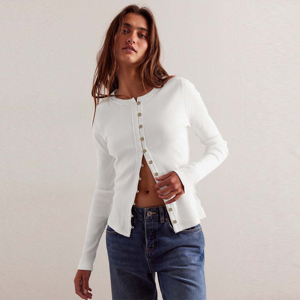 Women's Long Sleeve Round Neck Button Rib Cardigans