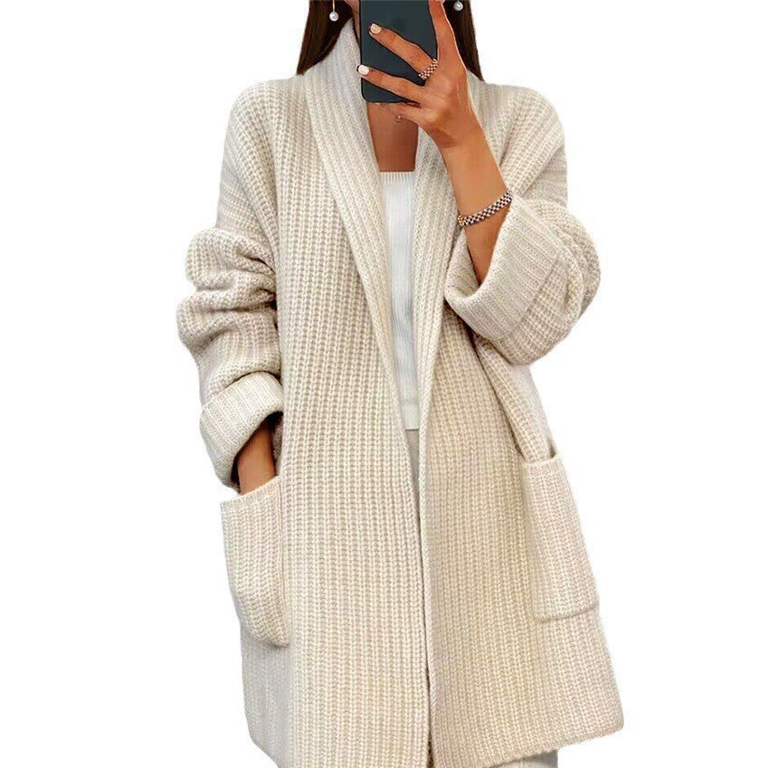 Women's Thickened Solid Color Knitted Loose Pockets Coats