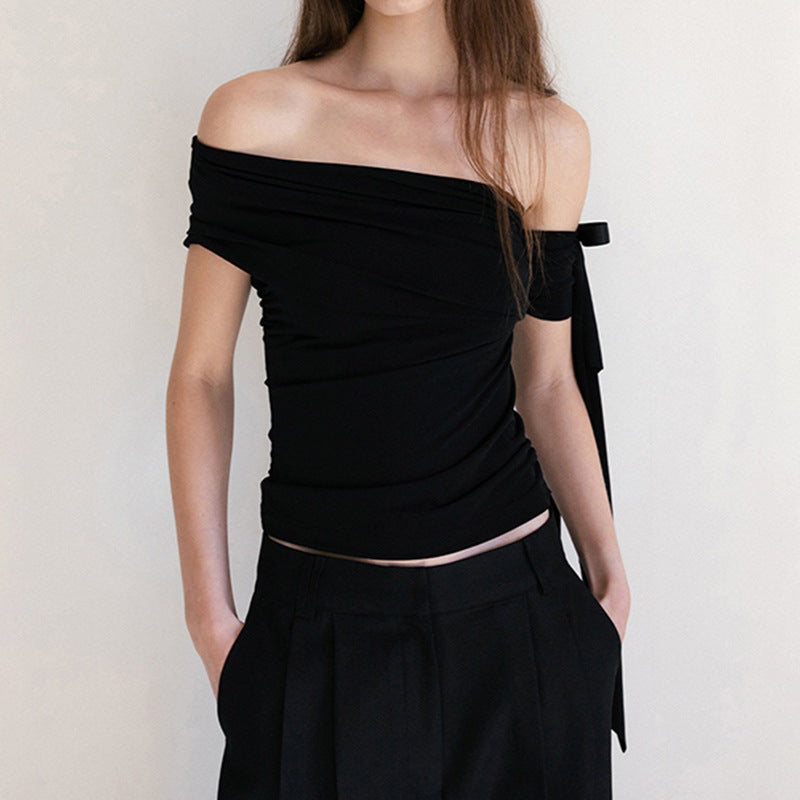 Diagonal Collar Bow Design Pleated Waist Tight Blouses