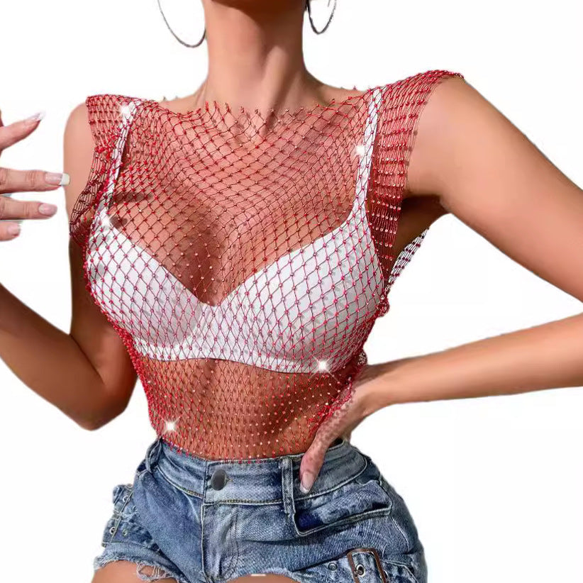 Women's Charming Summer Rhinestone Mesh T-shirt Tops