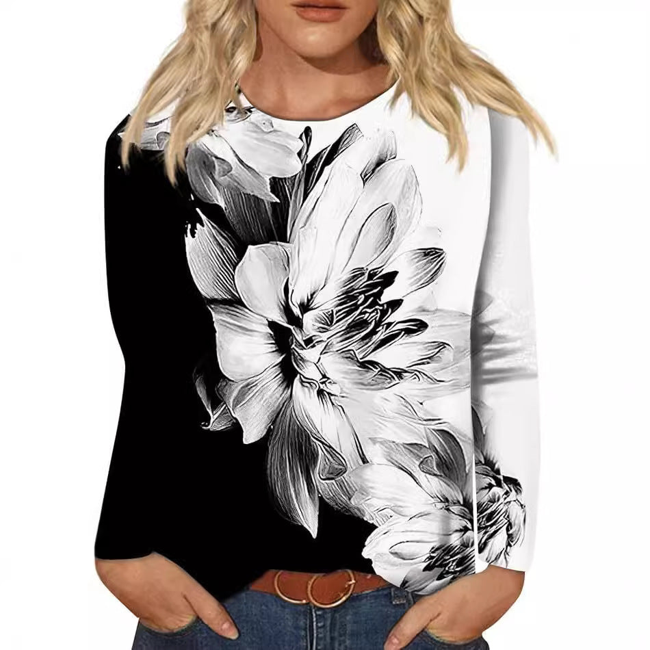 Women's Round Neck Long Sleeve Loose Print Blouses