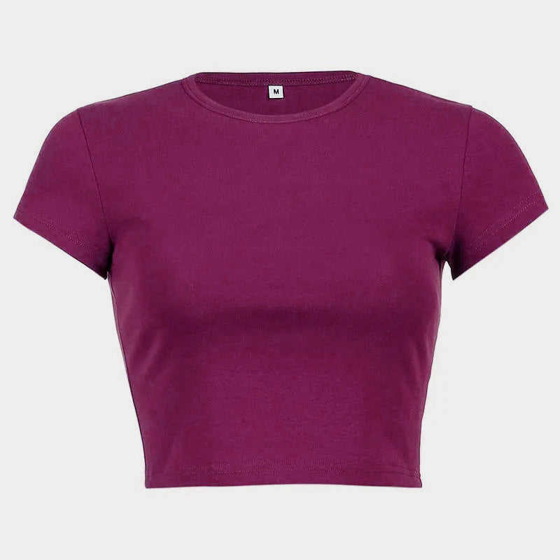Women's Color Summer Round Neck T-shirt Midriff Blouses