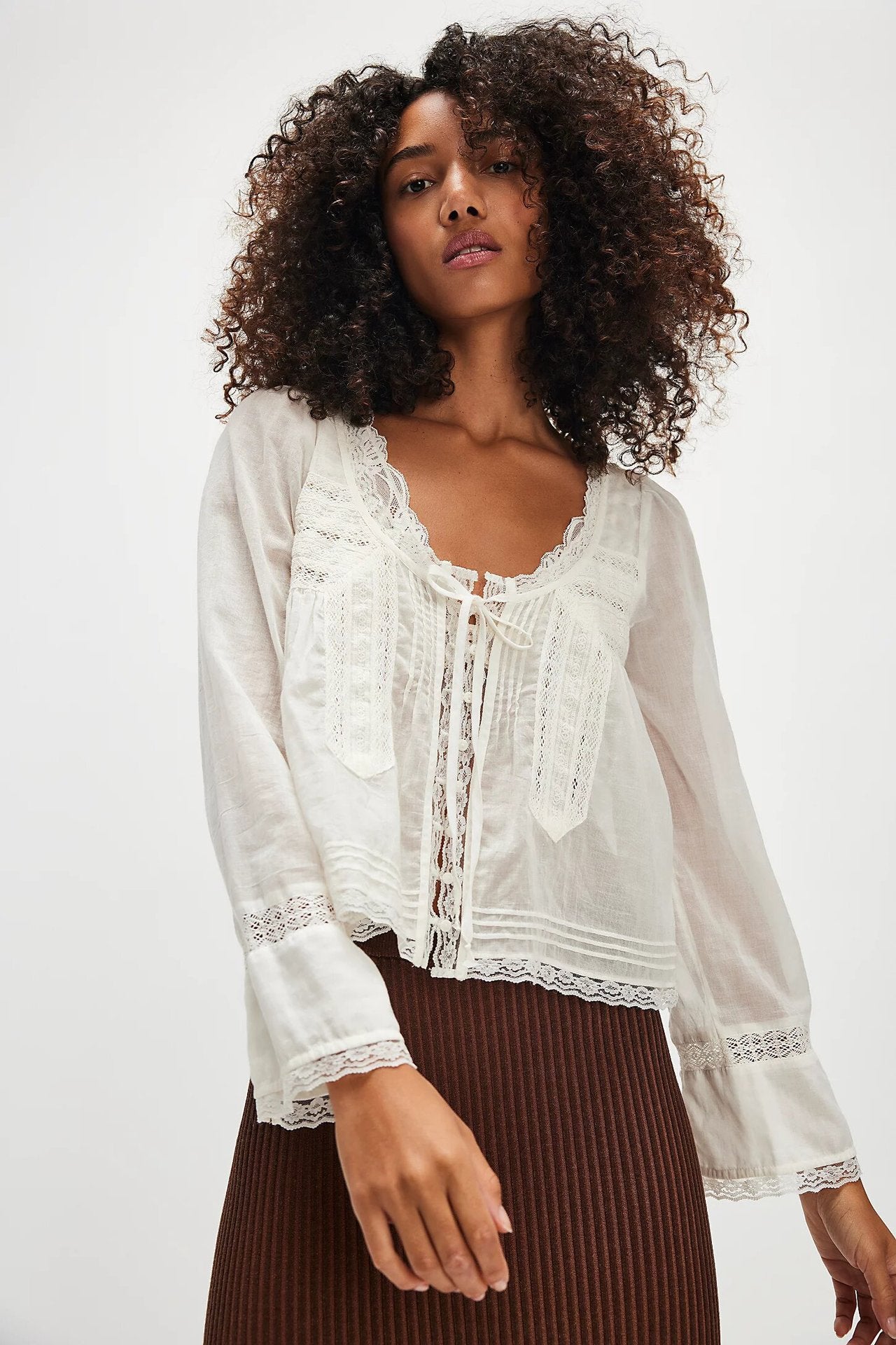 Lace Shirt U-shaped Collar Long Sleeve Blouses