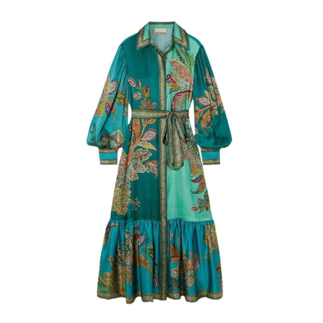 Holiday Lapel Single Placket Lantern Sleeve Dresses