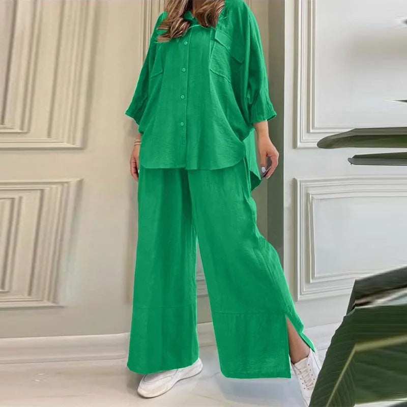 Women's Solid Color Cotton Linen Shirt Long Suits