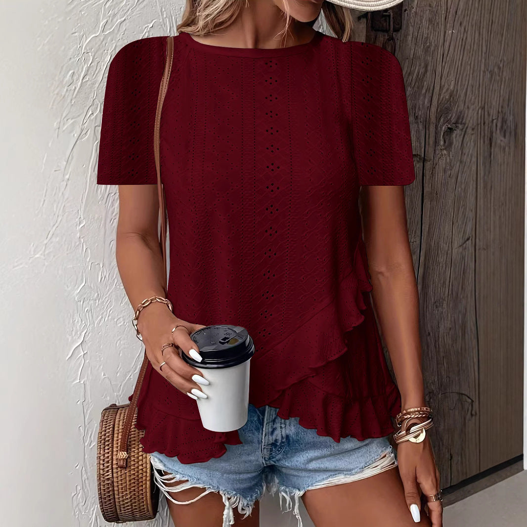 Women's Fashion Casual Solid Color Sleeve Round Blouses