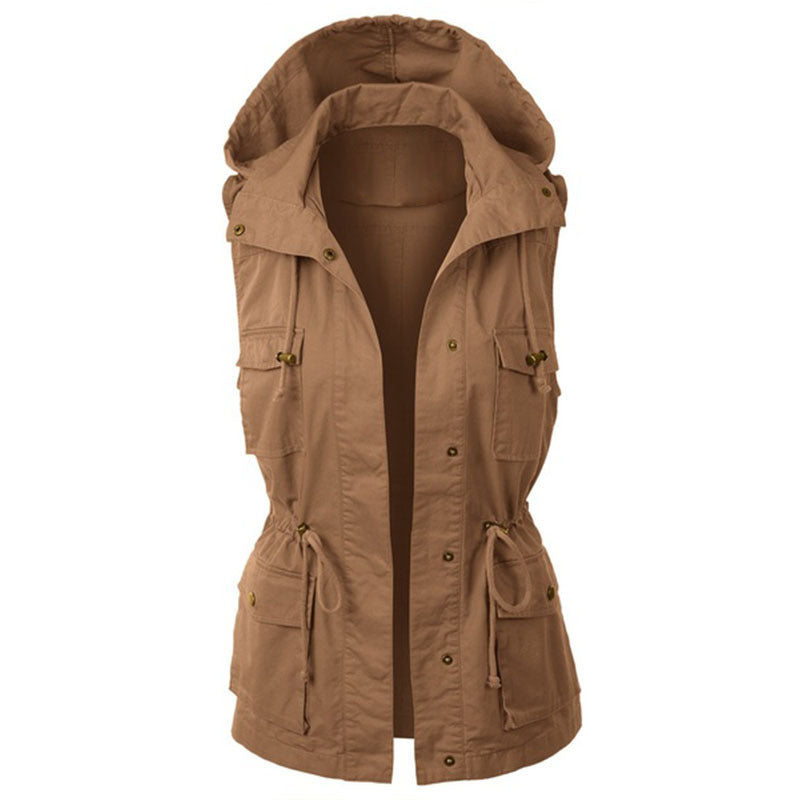 Women's Solid Color Work Hooded Drawstring Sleeveless Vests