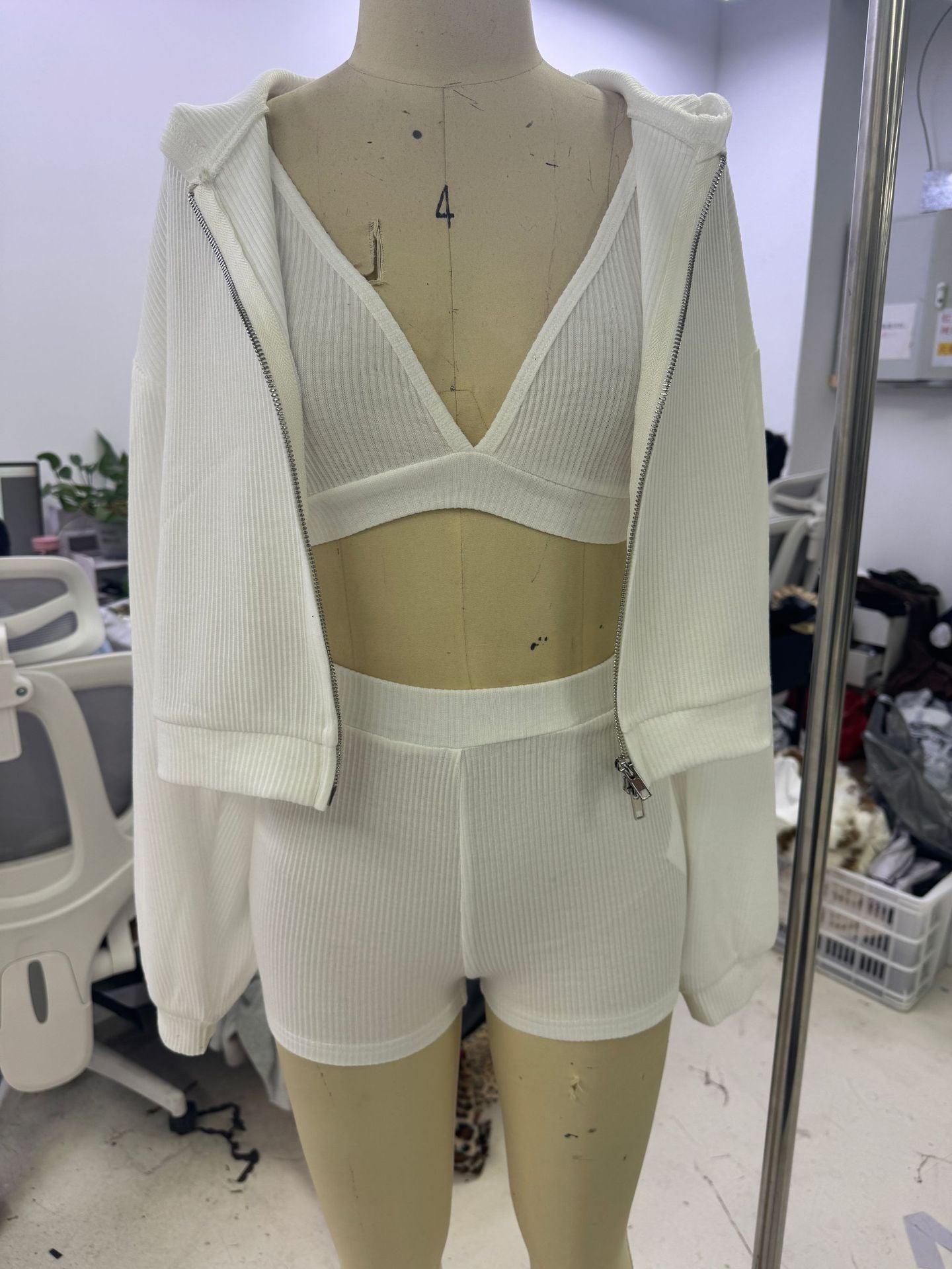 Solid Color Knitted Zipper Hooded Triangle Suits