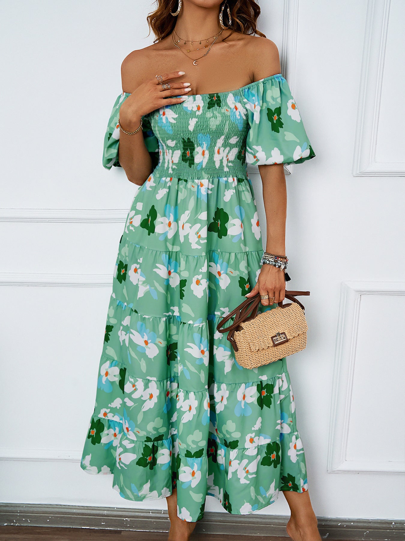 Women's Summer Elegant Printed Pettiskirt Puff Sleeve Dresses