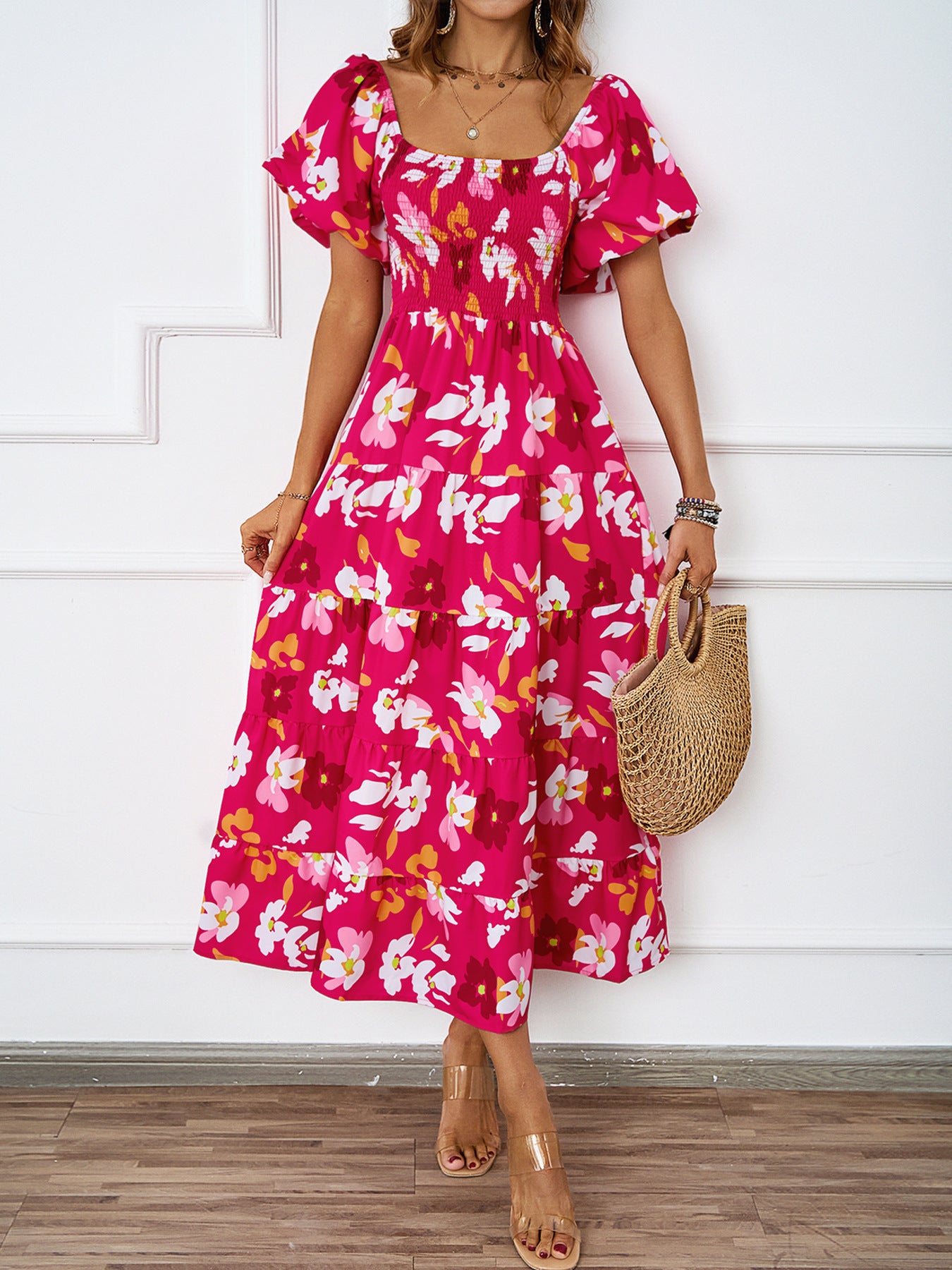 Women's Summer Elegant Printed Pettiskirt Puff Sleeve Dresses