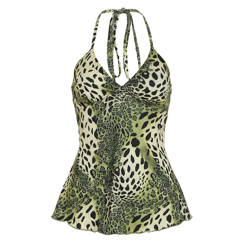 Hot Sexy Leopard Print Scarf Ruffled Spaghetti Tops