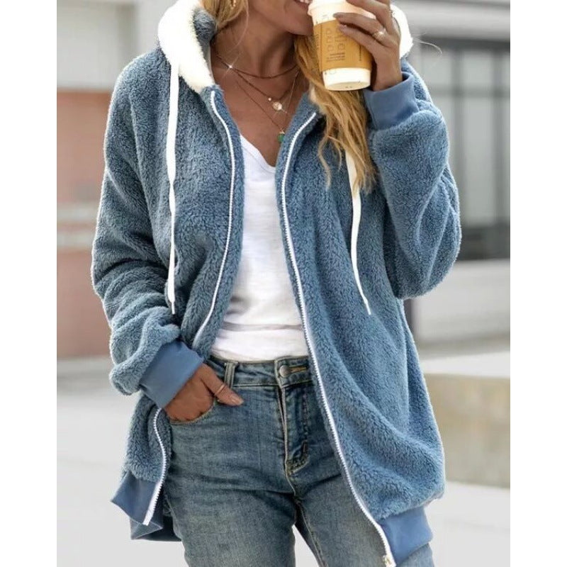 Women's Loose Plush Zipper Hooded For Sweaters