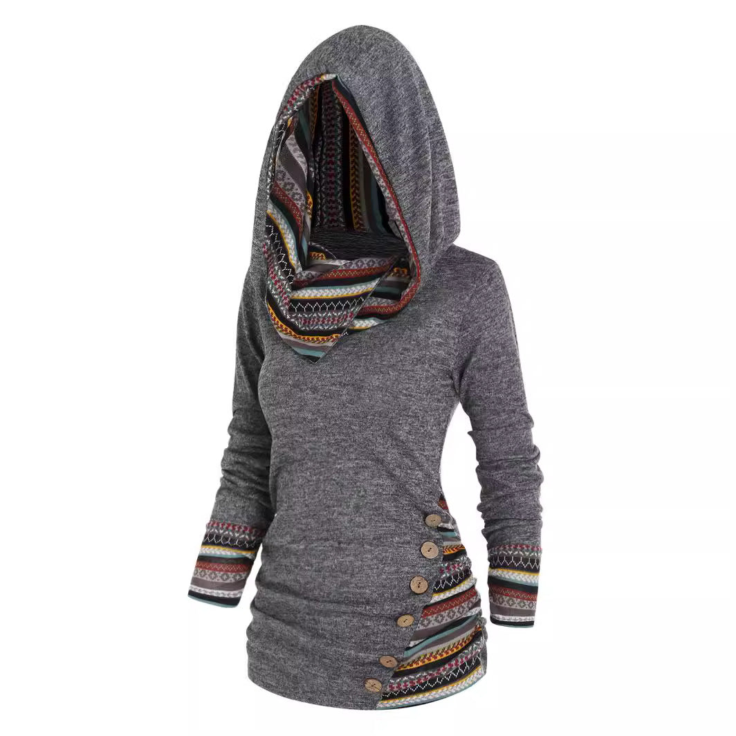 Women's Stitching Hooded Knitted Long Sleeve Button Casual Sweaters