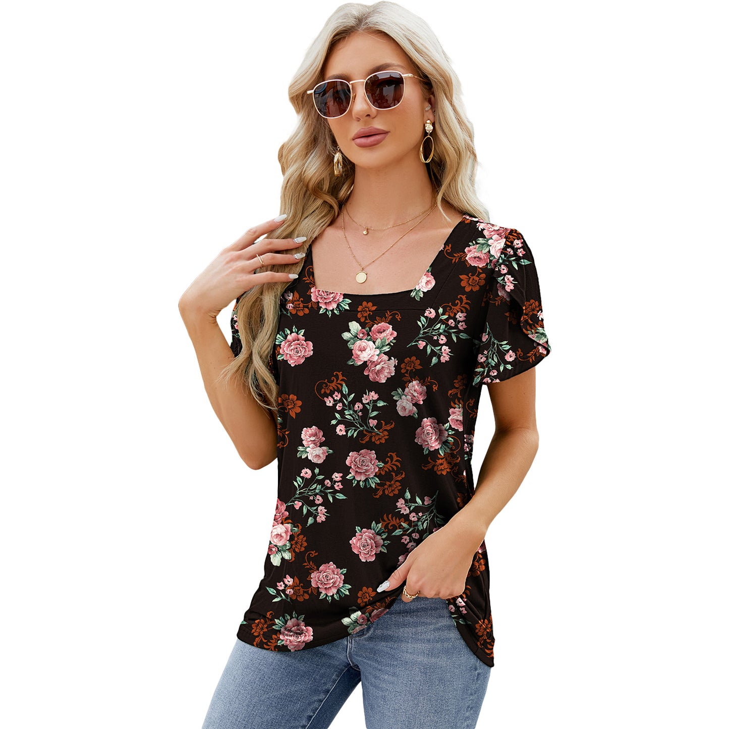 Fashion Simple Square Collar Petal Sleeve Blouses