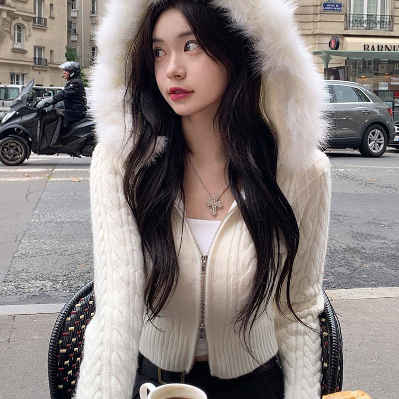 Women's Warm Furry Hooded Tight Waist Slim Sweaters