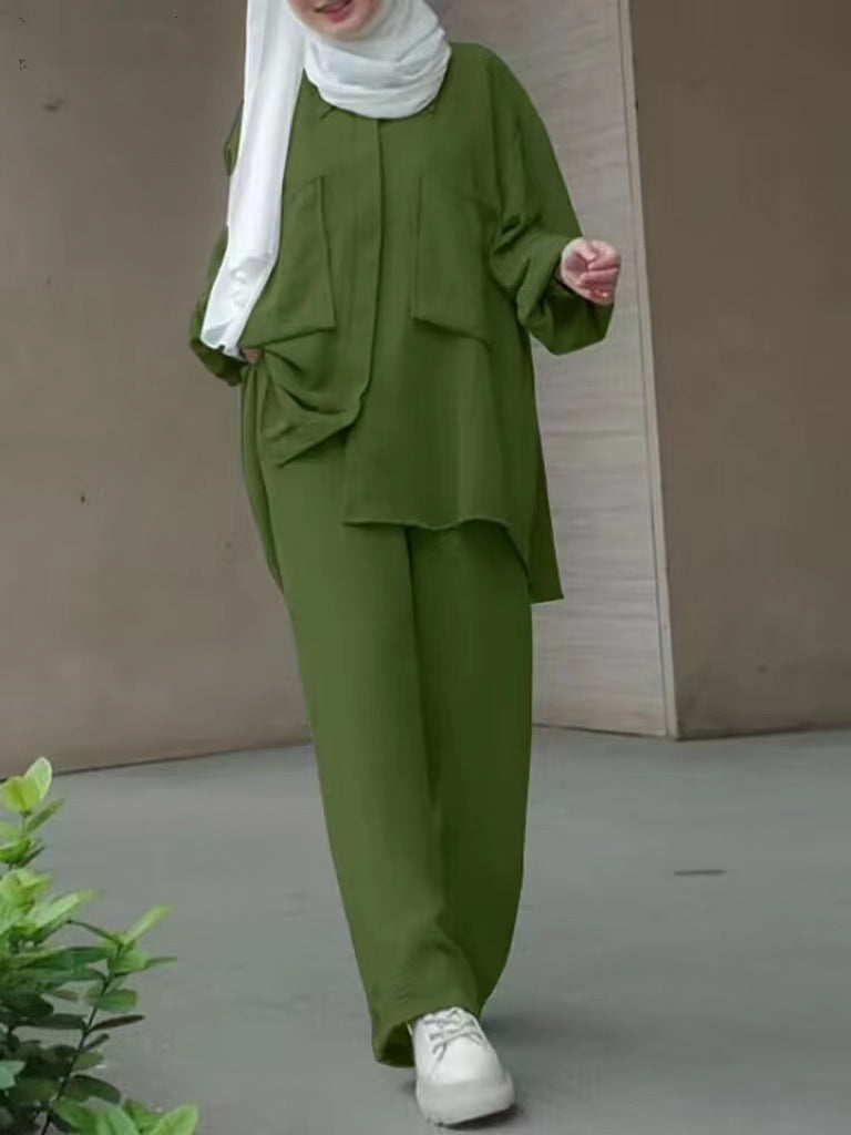 Muslim Long Sleeve Patch Pocket Hidden Placket Clothing