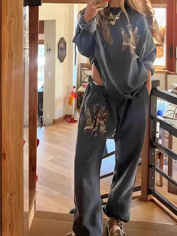Women's Long Sleeve Round Neck Loose Sweatshirt Suits