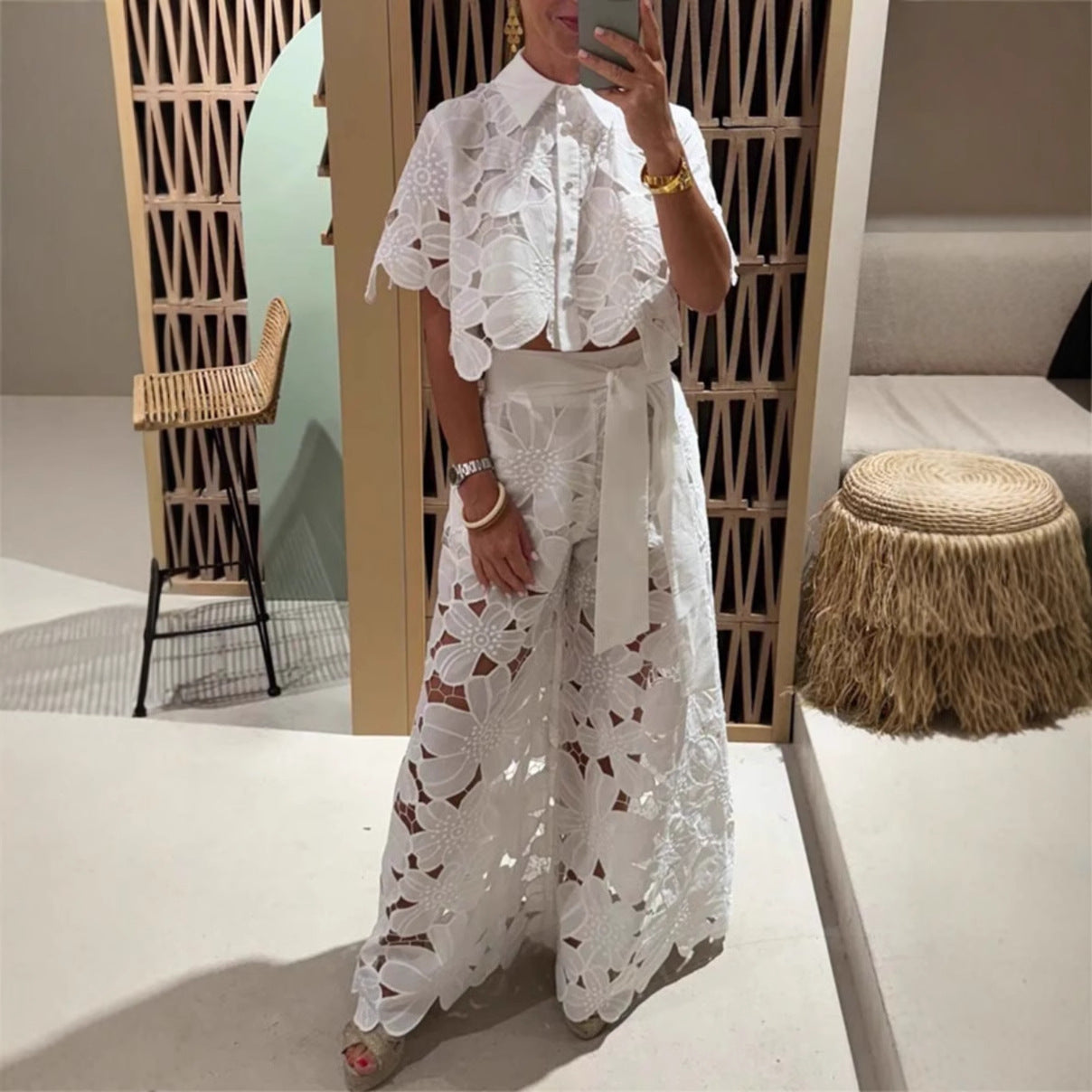 Women's Color Sexy Cutout Wide Leg Two-piece Suits