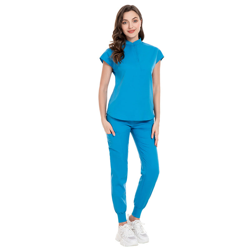 Color Medical Scrubbing Nursing Trousers Elastic Stand Collar Jogging Uniform