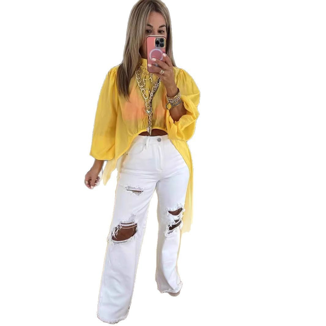 Women's Thin Bubble Long Sleeve Irregular Shirt Tops