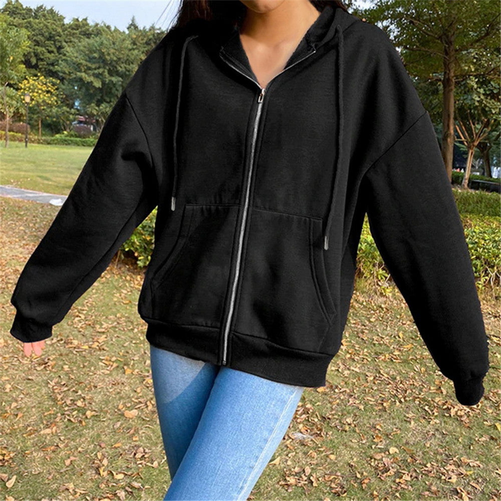 Women's Solid Color Hooded Fleece-lined Long-sleeved Loose Sweaters
