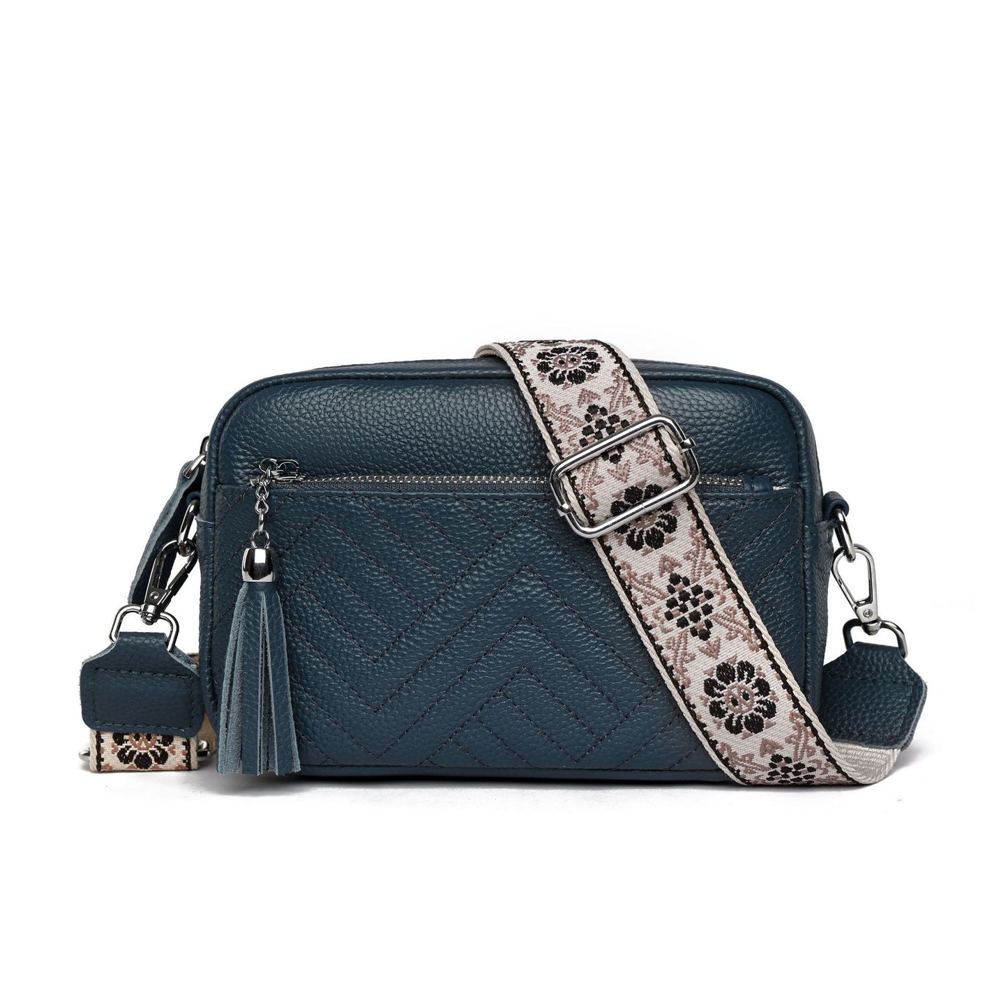 Women's First Layer Cowhide Vintage Embroidery Thread V Grid Crossbody Bags