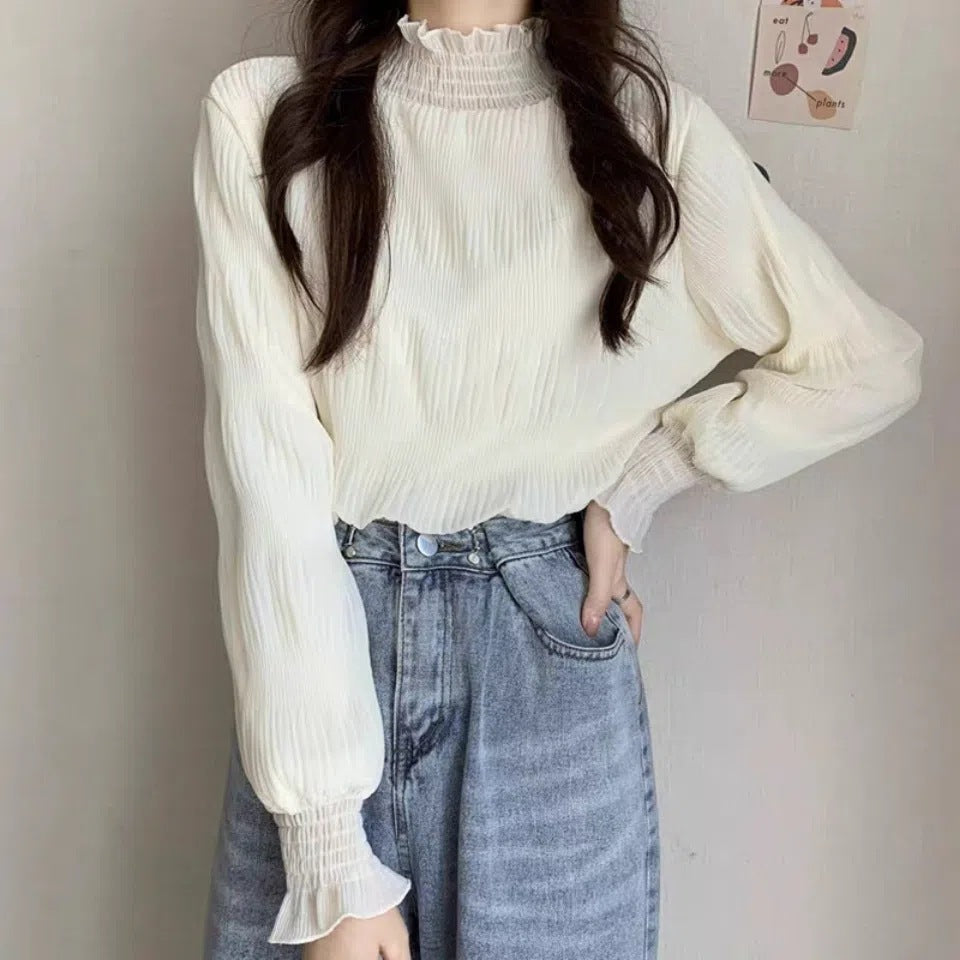 Women's Sleeve Spring Wooden Ear Design Sense Half Turtleneck Blouses