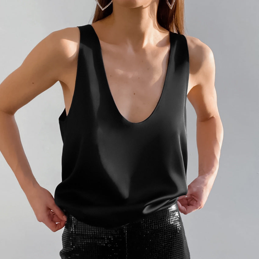 Women's Summer Solid Color Satin Sleeveless T-shirt Versatile Street Tops